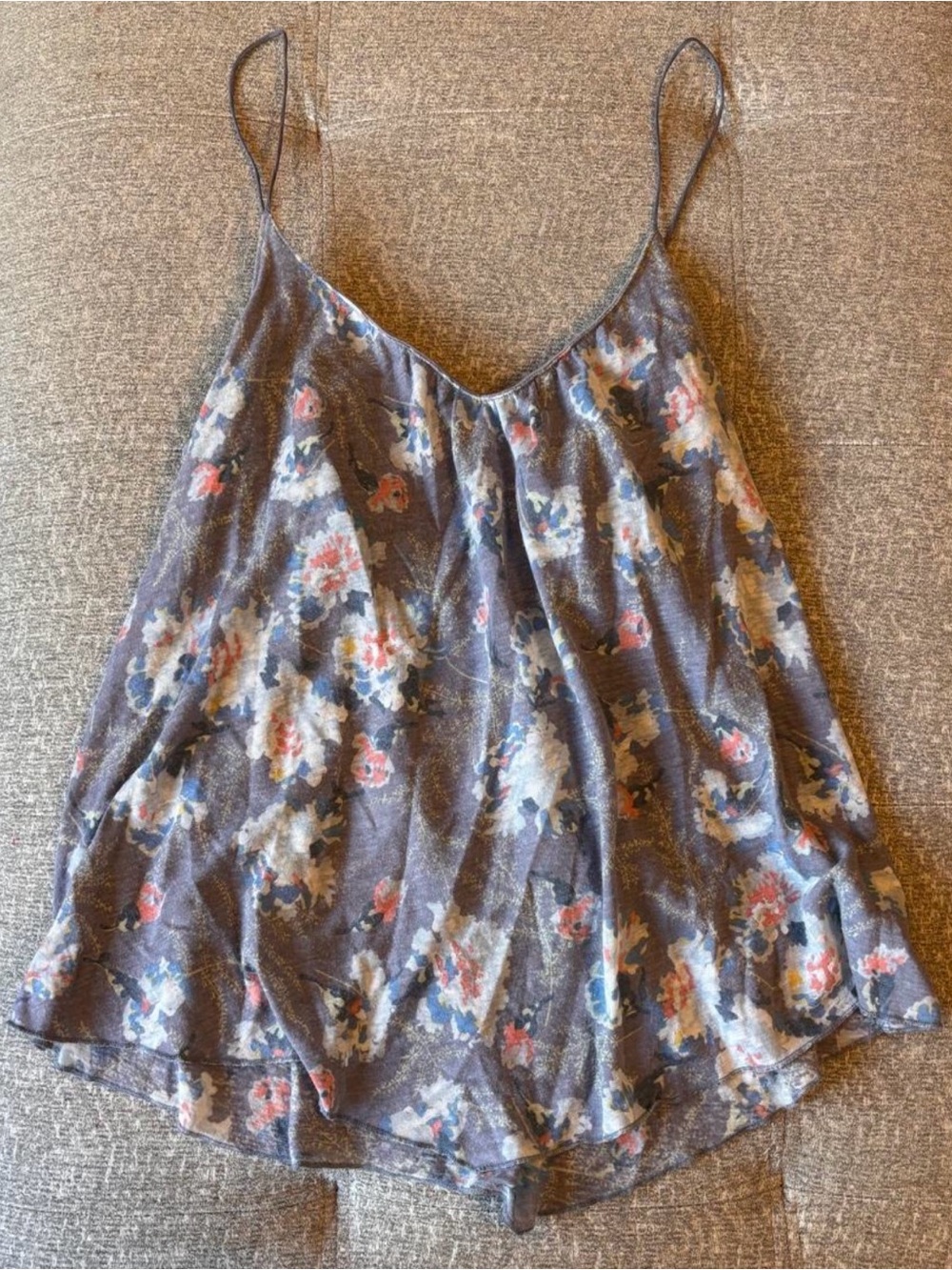 American Eagle Outfitters Gray/Blue Washes Floral V-Neck Spaghetti Strap Tank